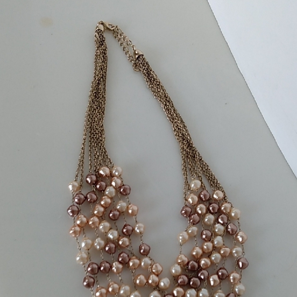 Pearl Chain Multi Strand Necklace Gold Tone Brown Ivory - Picture 5 of 11